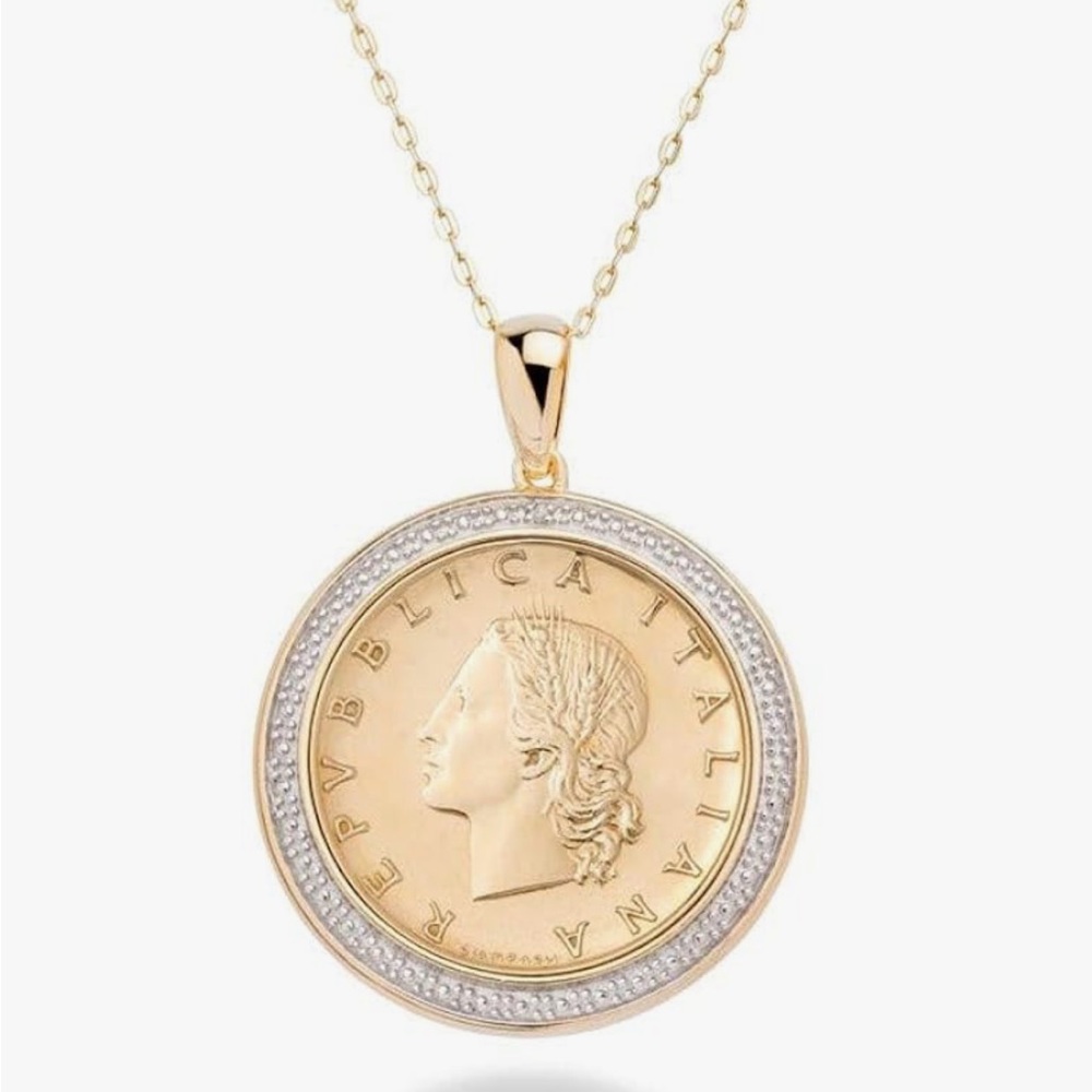 Italian 18K Gold - S925 Diamond Accent Genuine 20 Lira Coin Medallion Necklace